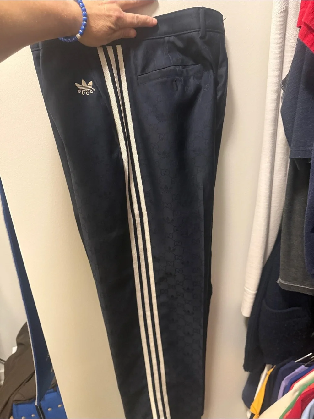Gucci/adidas collaboration Navy dress Pants with White Stripe Detailing   Rare!!